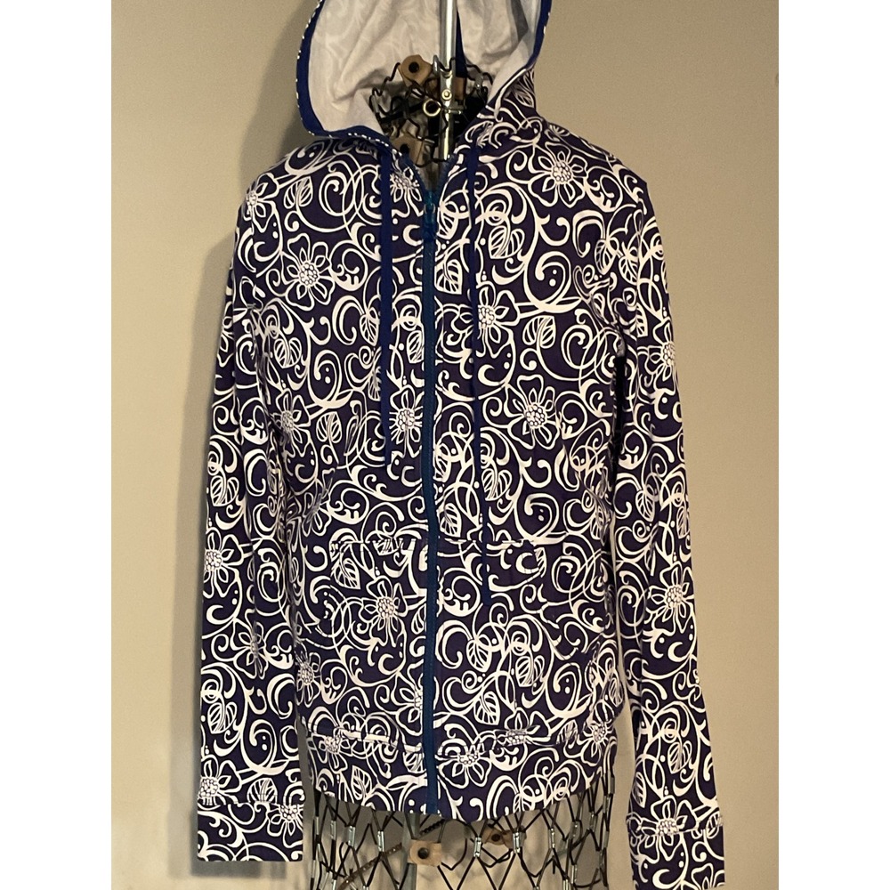 Liz Claiborne Blue White Floral Swirl Full Zip Hoodie Sweatshirt XS